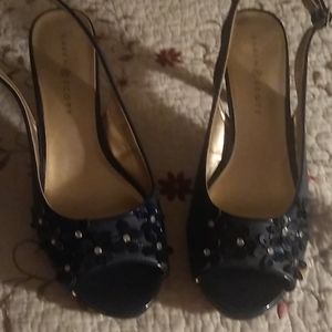 Karen Scott Navy Heels with Floral Accents